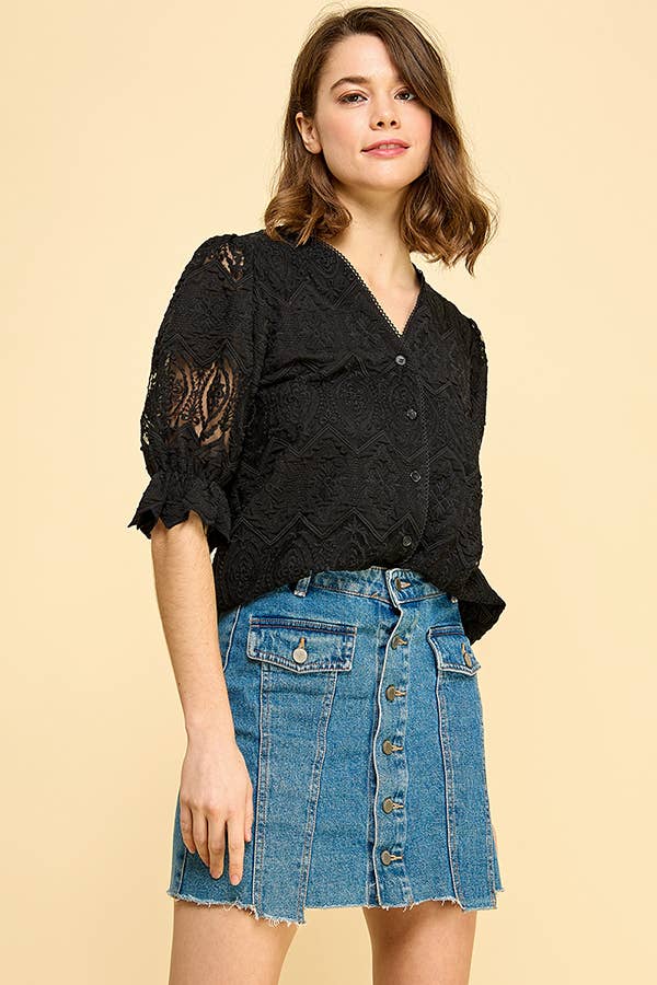 BLACK LACE BUTTON DOWN BLOUSE