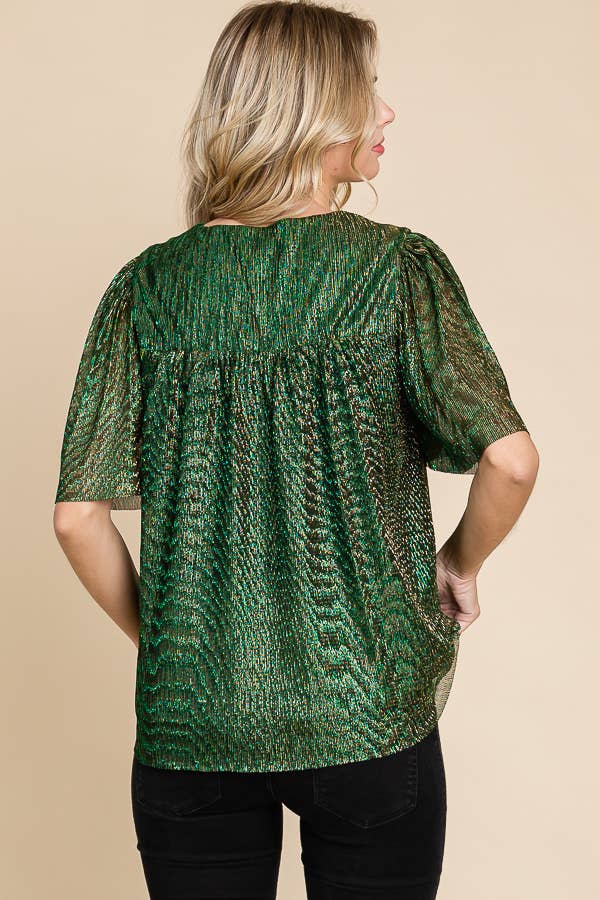 Hunter Green Pleated Sheer Half Sleeve Shimmer Blouse