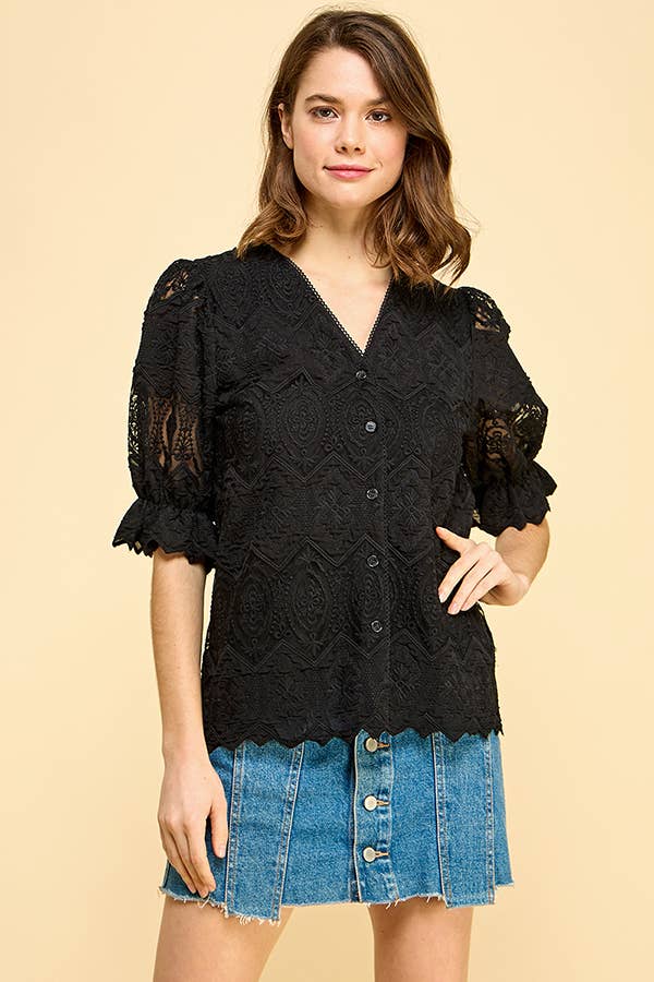 BLACK LACE BUTTON DOWN BLOUSE