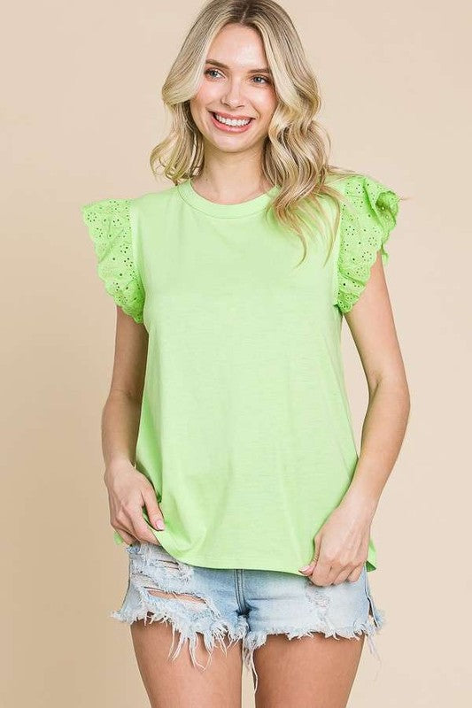 Crew Neck Eyelet Ruching Cap Sleeve Top