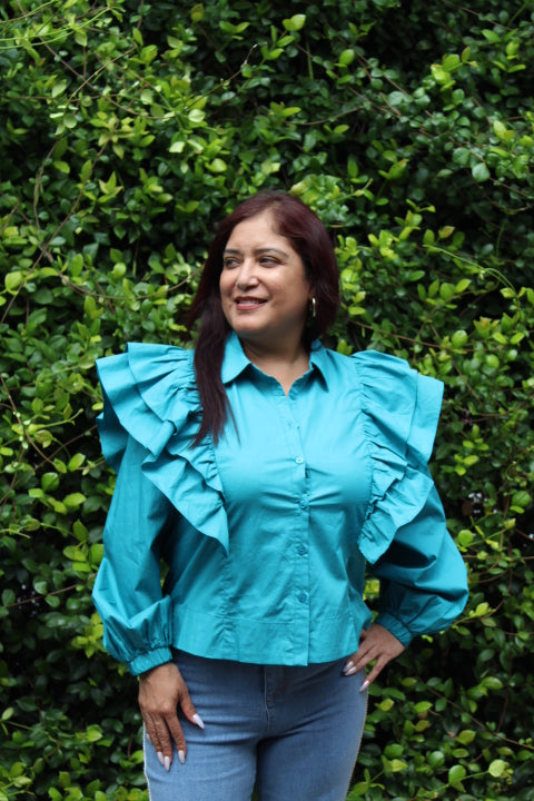 Teal Solid Layer Ruffled Shoulder Top