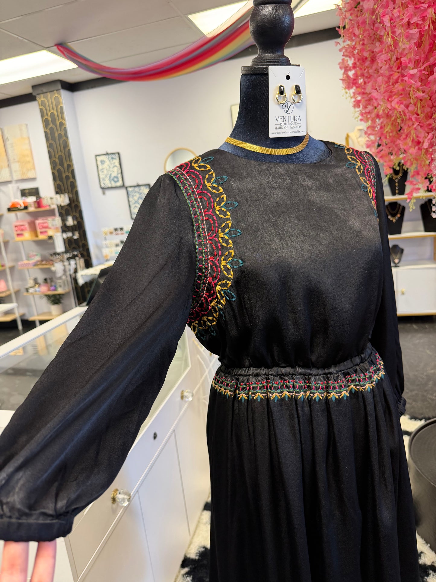 Black Satin Colorful Embroidered Long Sleeve Dress