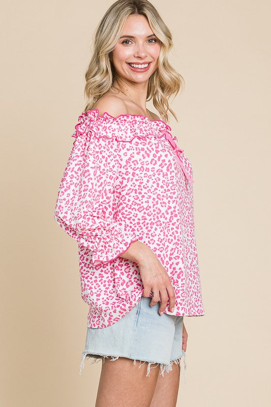 Off Shoulder Frill Print Top