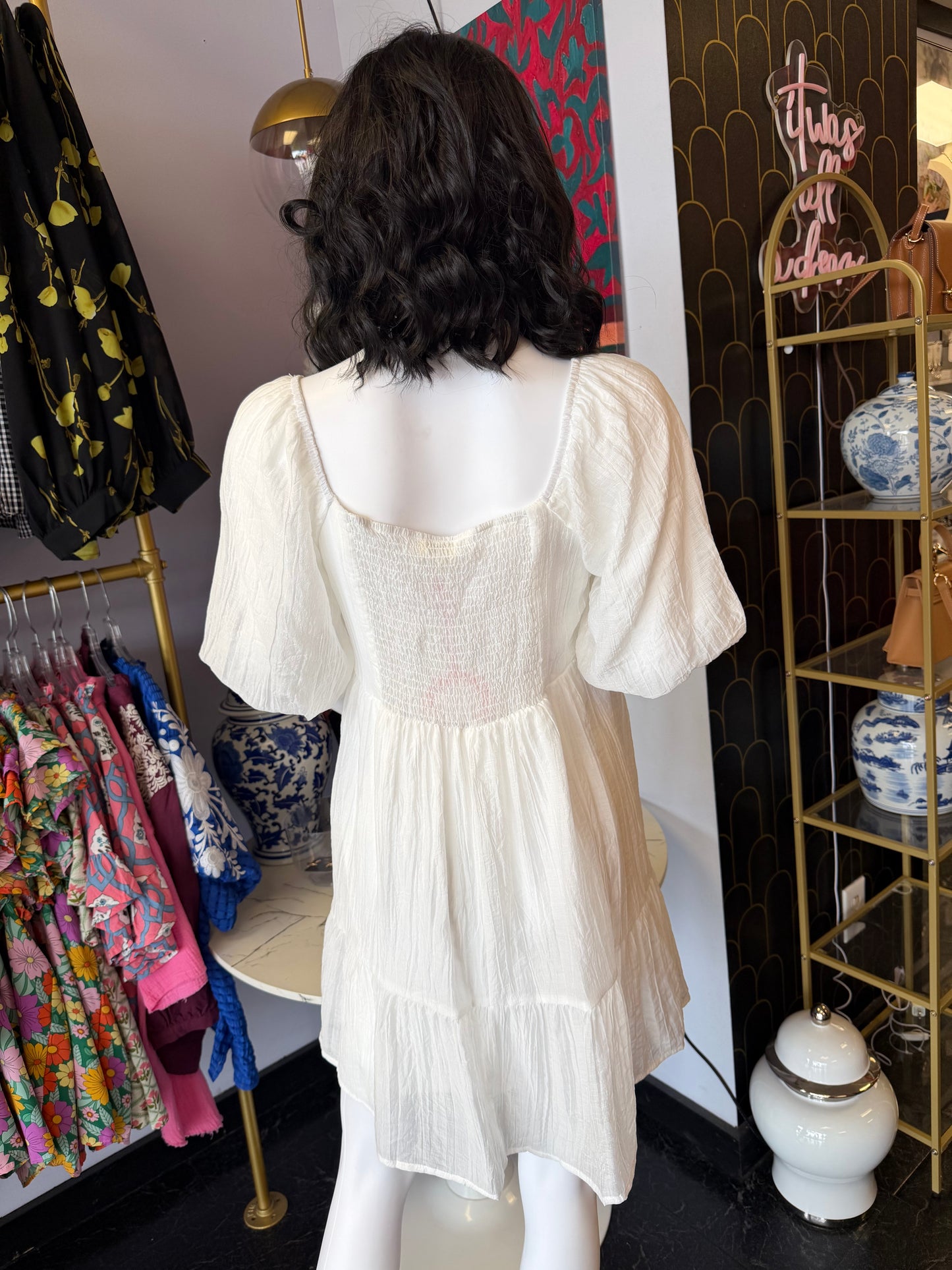 Puff Sleeved Dress With Ruched Detail