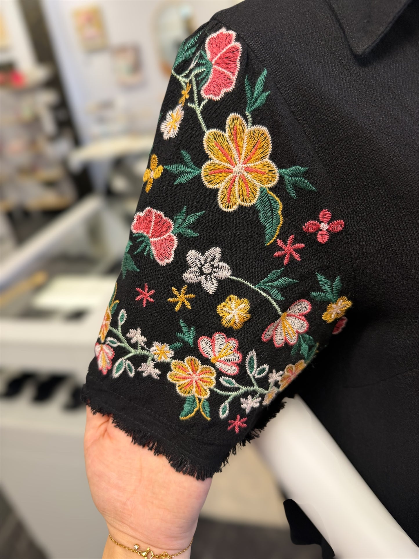 Black Linen Shirt With Embroidered Sleeves