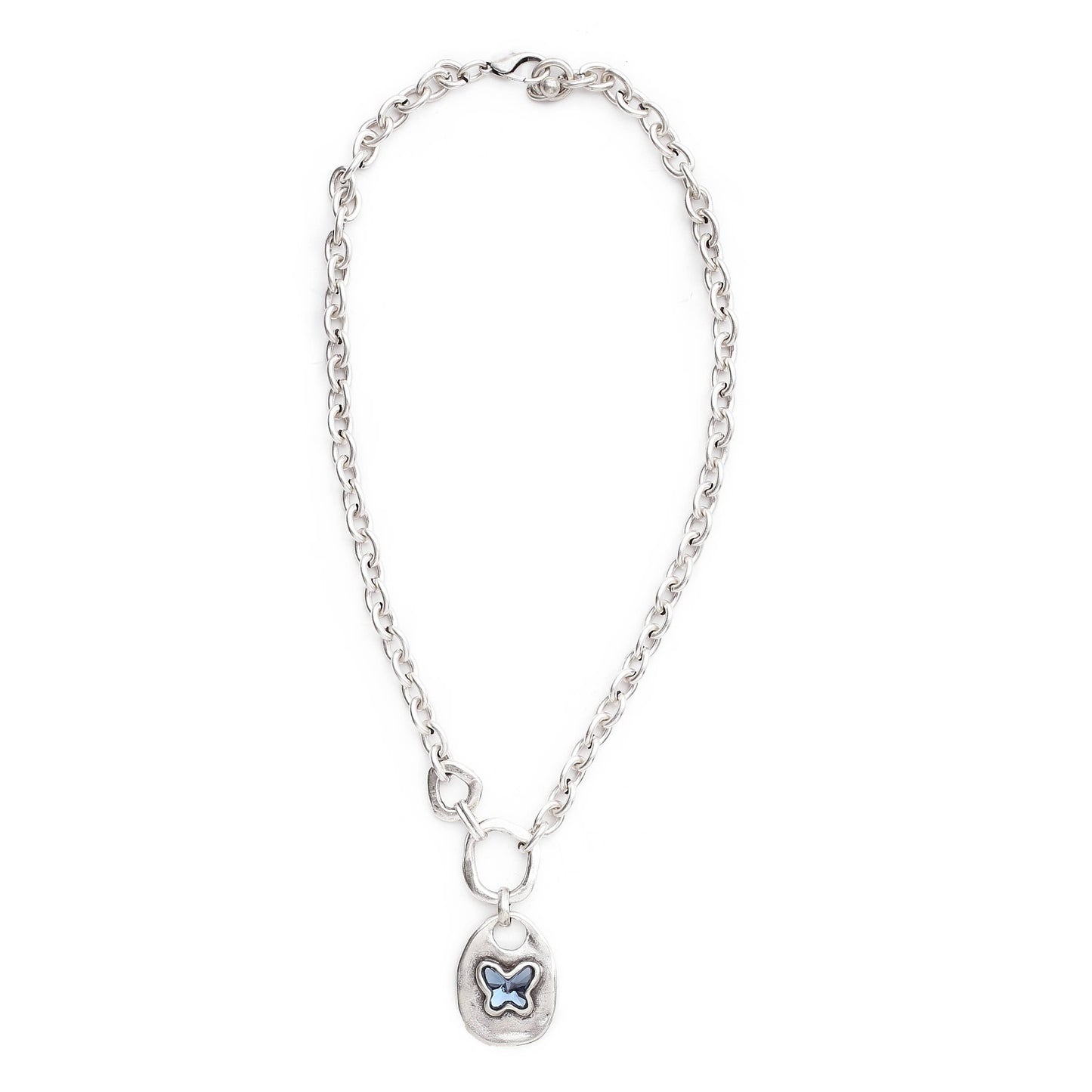 Handmade ButterFly Blue Crystal Pewter Necklace - 3979