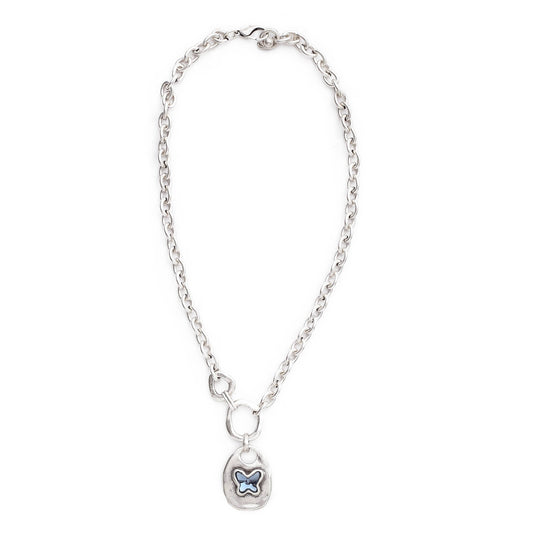 Handmade ButterFly Blue Crystal Pewter Necklace - 3979