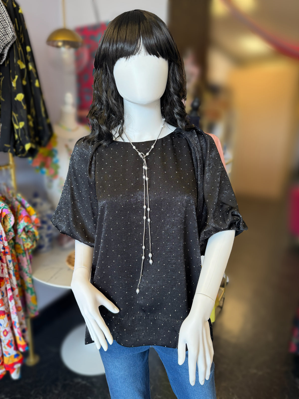 Rhinestone Satin Round Neck Blouse