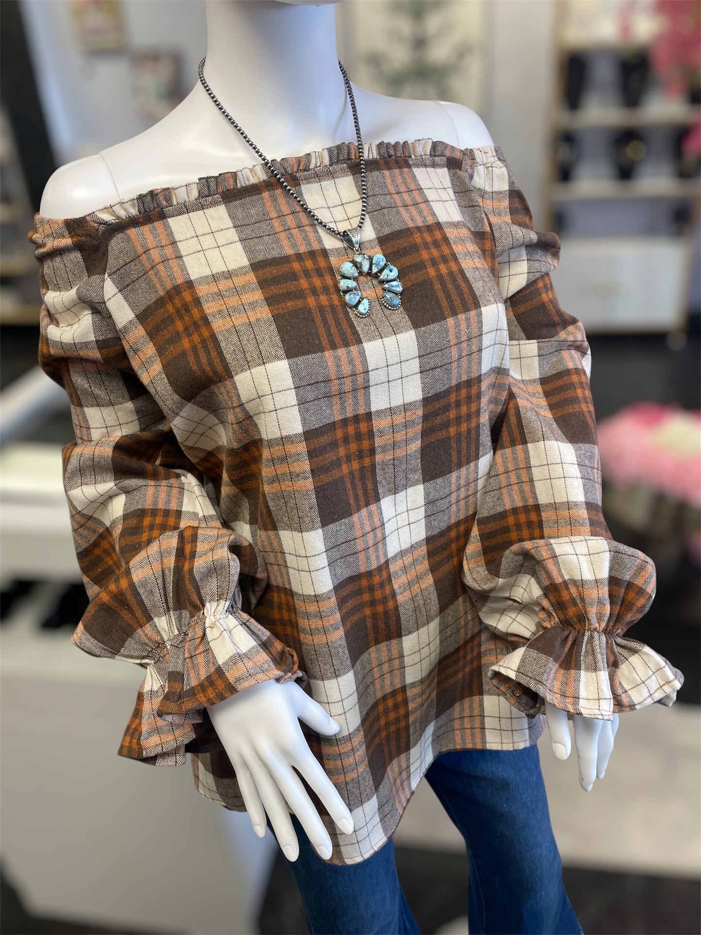 Brown Square Neck Plaid Blouse (Curvy)
