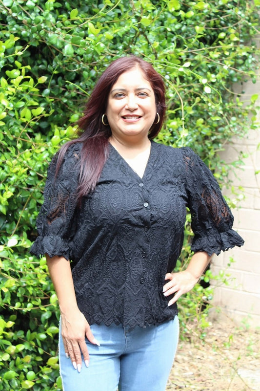 BLACK LACE BUTTON DOWN BLOUSE