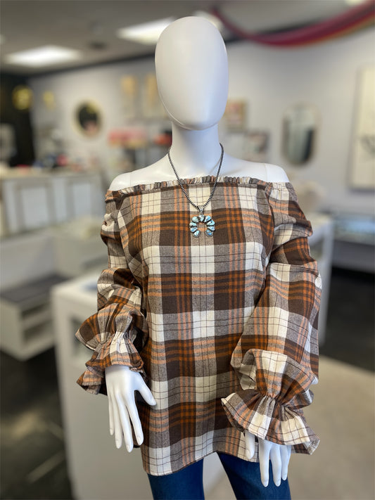 Brown Square Neck Plaid Blouse (Curvy)