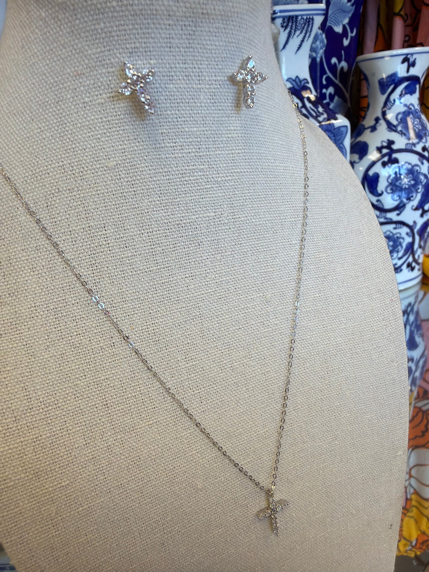 Sterling Silver Rhodium Plated Cross Crystal Necklace & Earrings