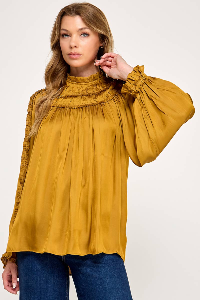 IT3477 - RUFFLED LONG SLEEVES SATIN TOP: GOLD / M