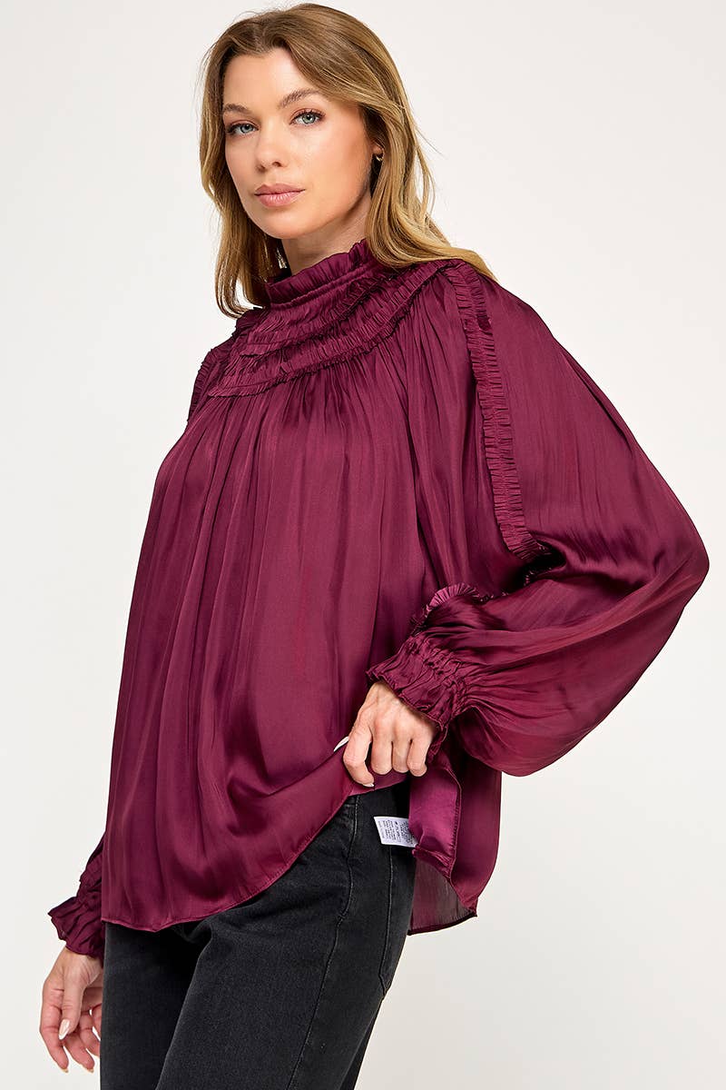 IT3477 - RUFFLED LONG SLEEVES SATIN TOP: GOLD / L