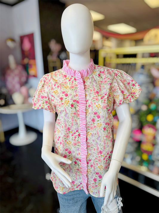 Colorful Flowers Button Up Frill Stripe Top