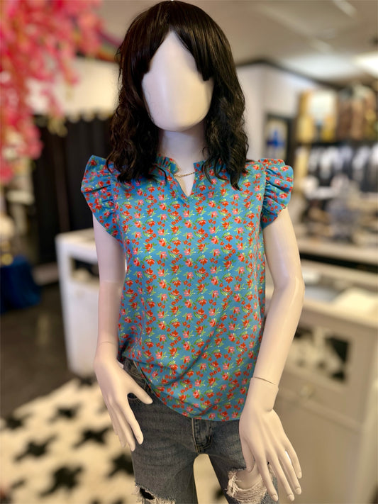 Blue Skies Top Floral Flutter Sleeve