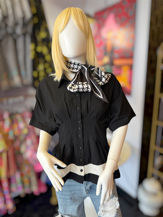 White & Black Color Blocked Pleated Top