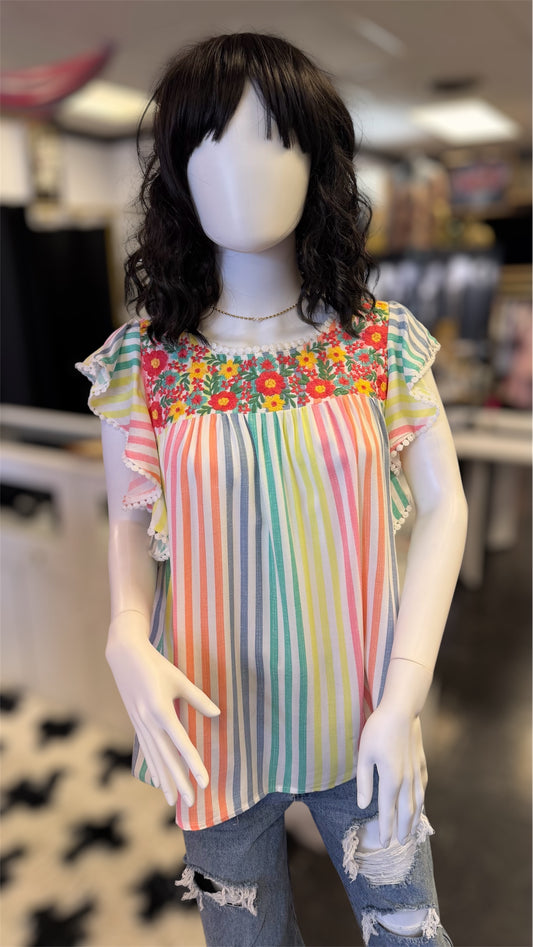Easter Stripes Colorful Floral Embroidered Flutter Top