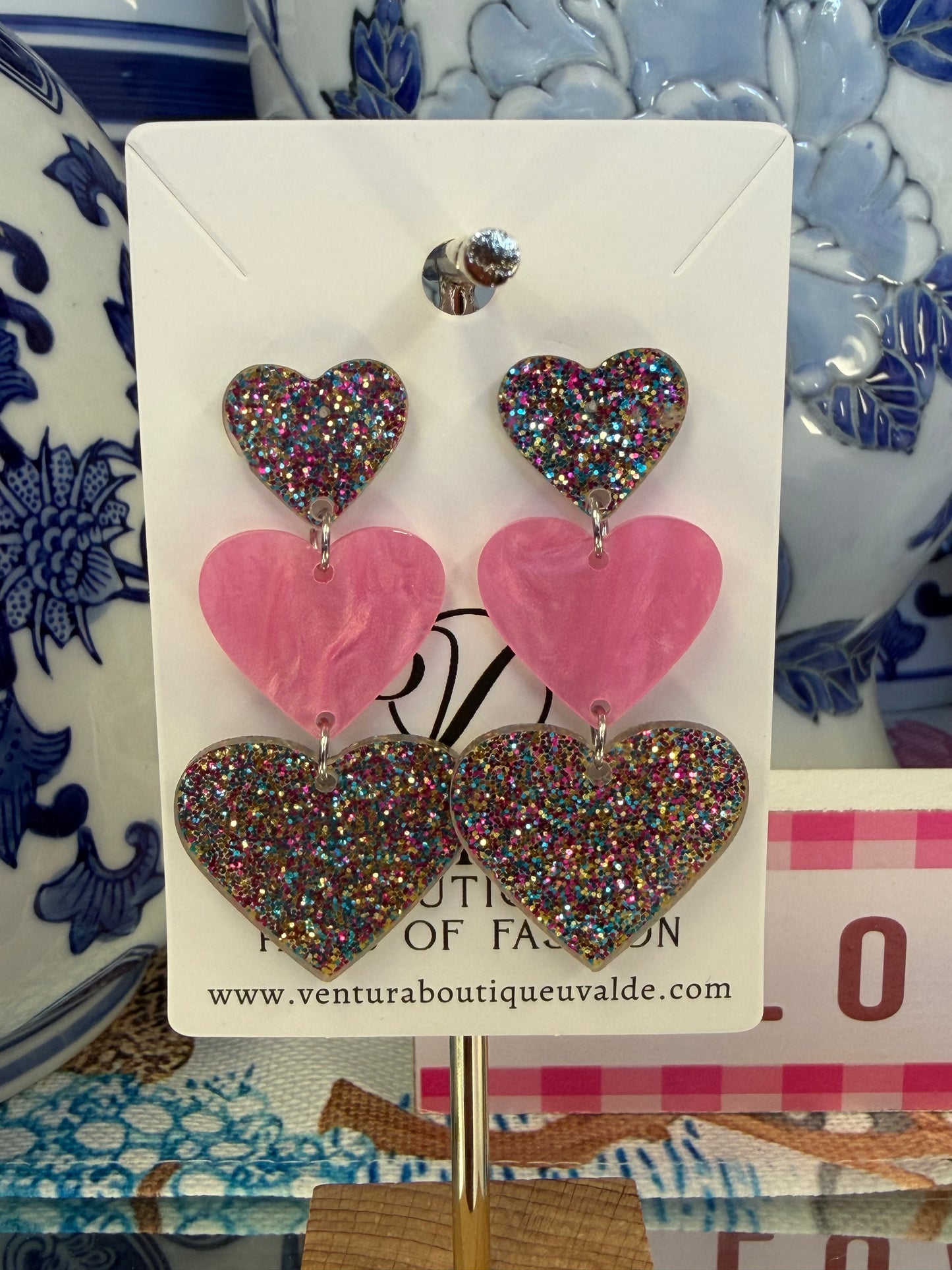 Pink & Multi Glitter Heart Drop Earrings