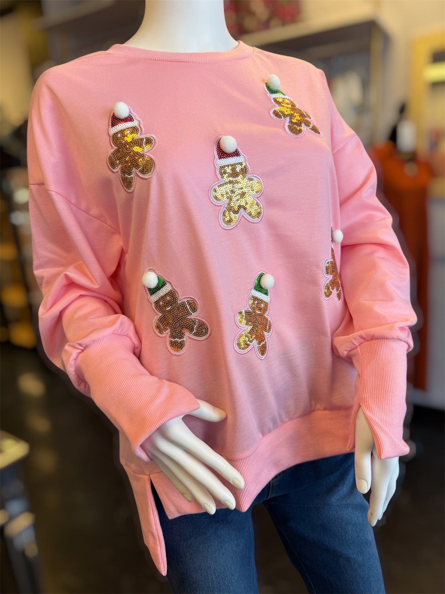 Pink Sweatshirt With Sequin Gingerbread Patches