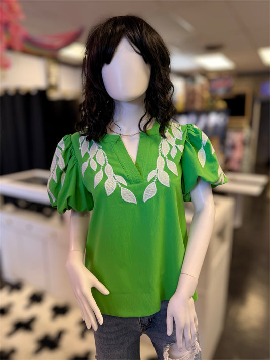 Spring Green Embroidered Leafs Top