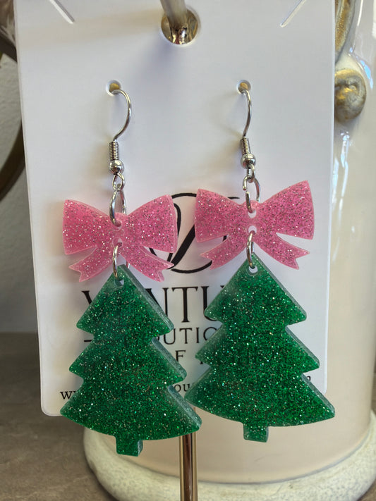 Glitter Bow Christmas Tree Earrings