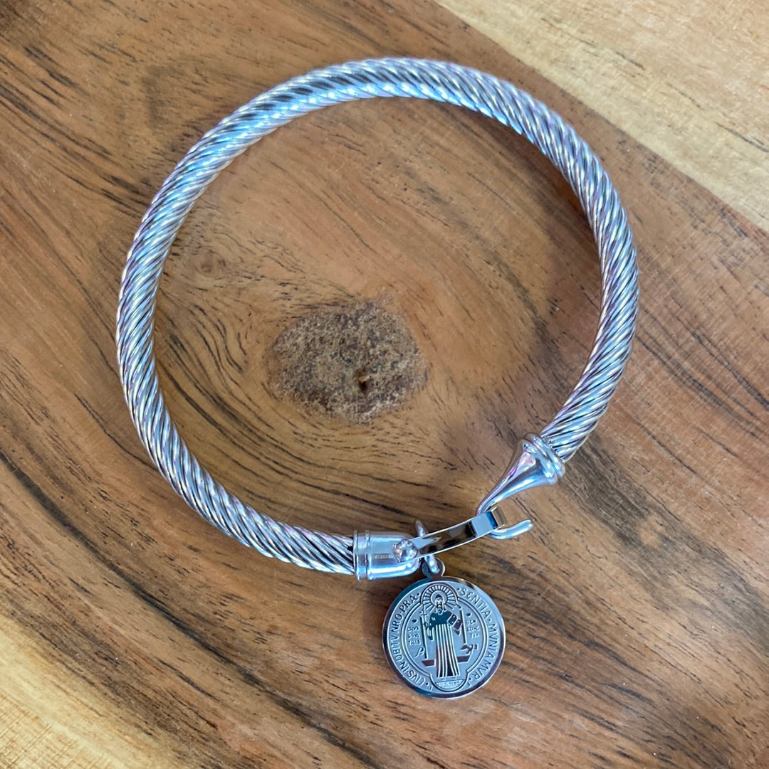 Stainless Steel Saint Benedict Cable Dangle Bracelet