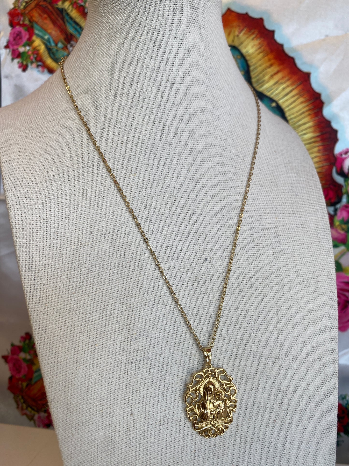 Mother Mary Gold Milagros Necklace