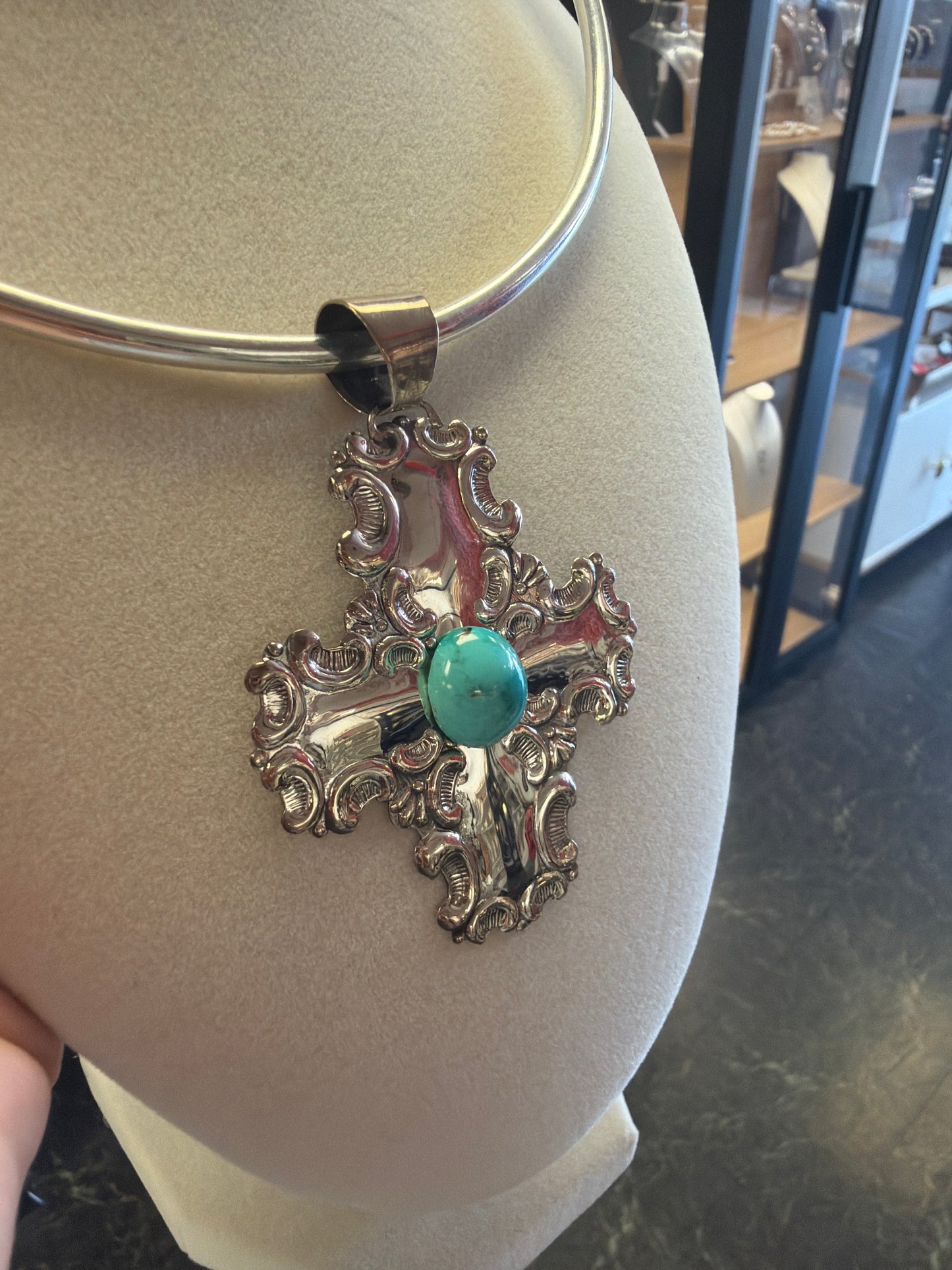 Sterling Silver HUGE Cross With Turquoise Center