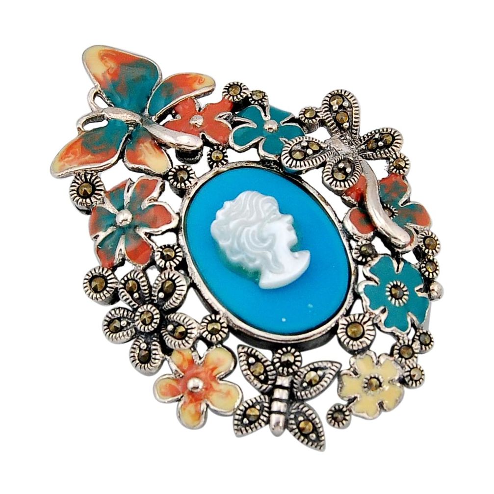 12.23cts green yellow pink enamel blue turquoise marcasite silver pendant