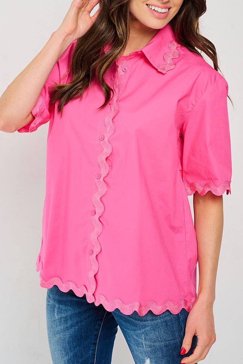 Short Sleeve Button Up Detailed Trim Blouse