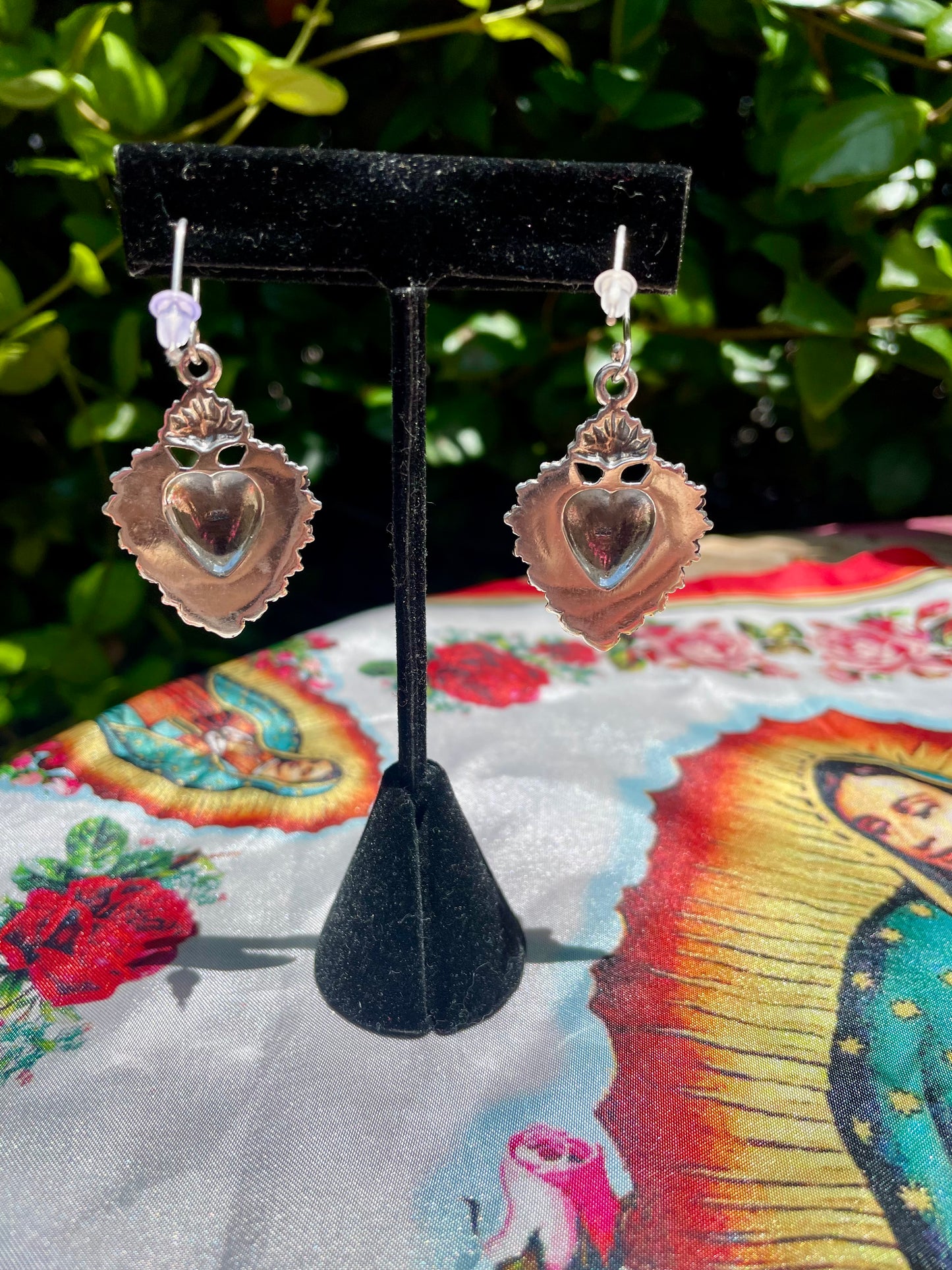 Sterling Silver Sacred Heart Flame Wire Hook Earrings