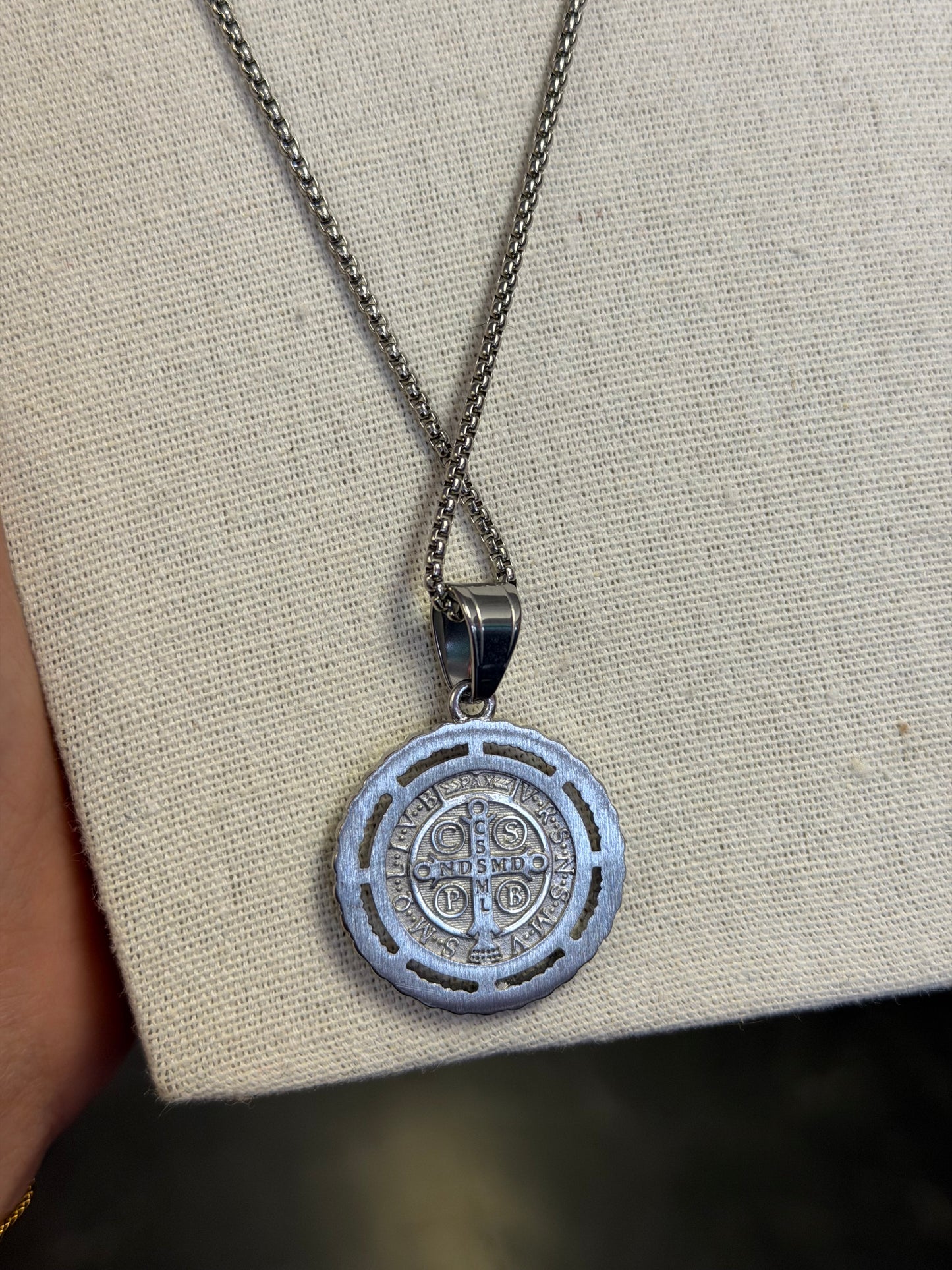Long Chain Saint Benedict Crystal Large Charm Double Sided