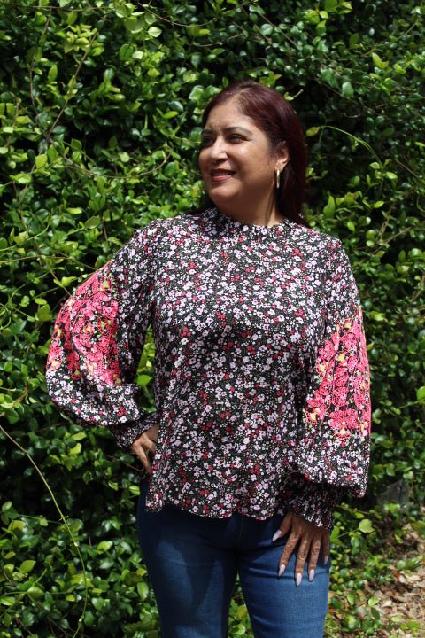 Floral Print Top with Embroidery