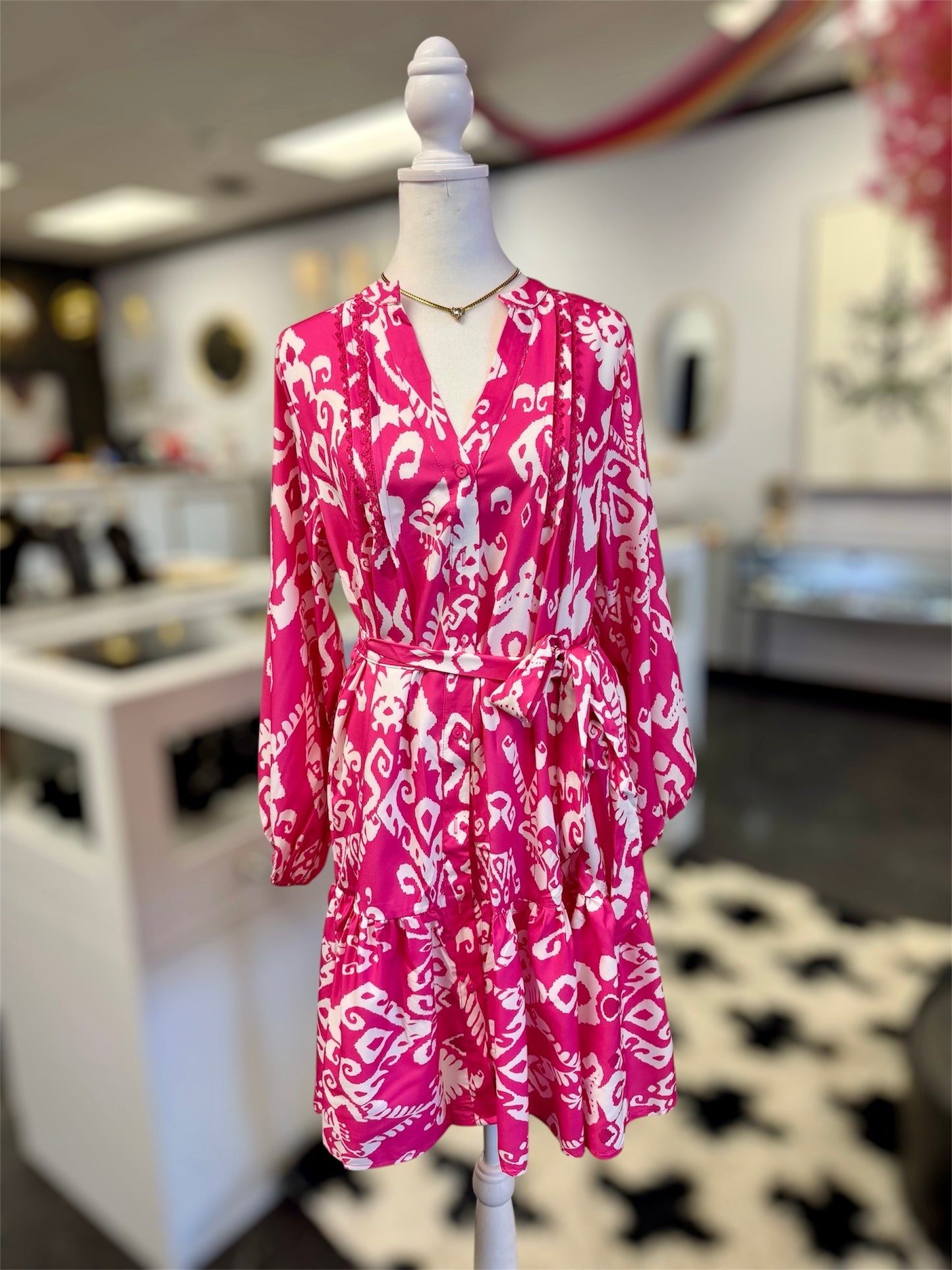 Pink & White Print Tie Dress