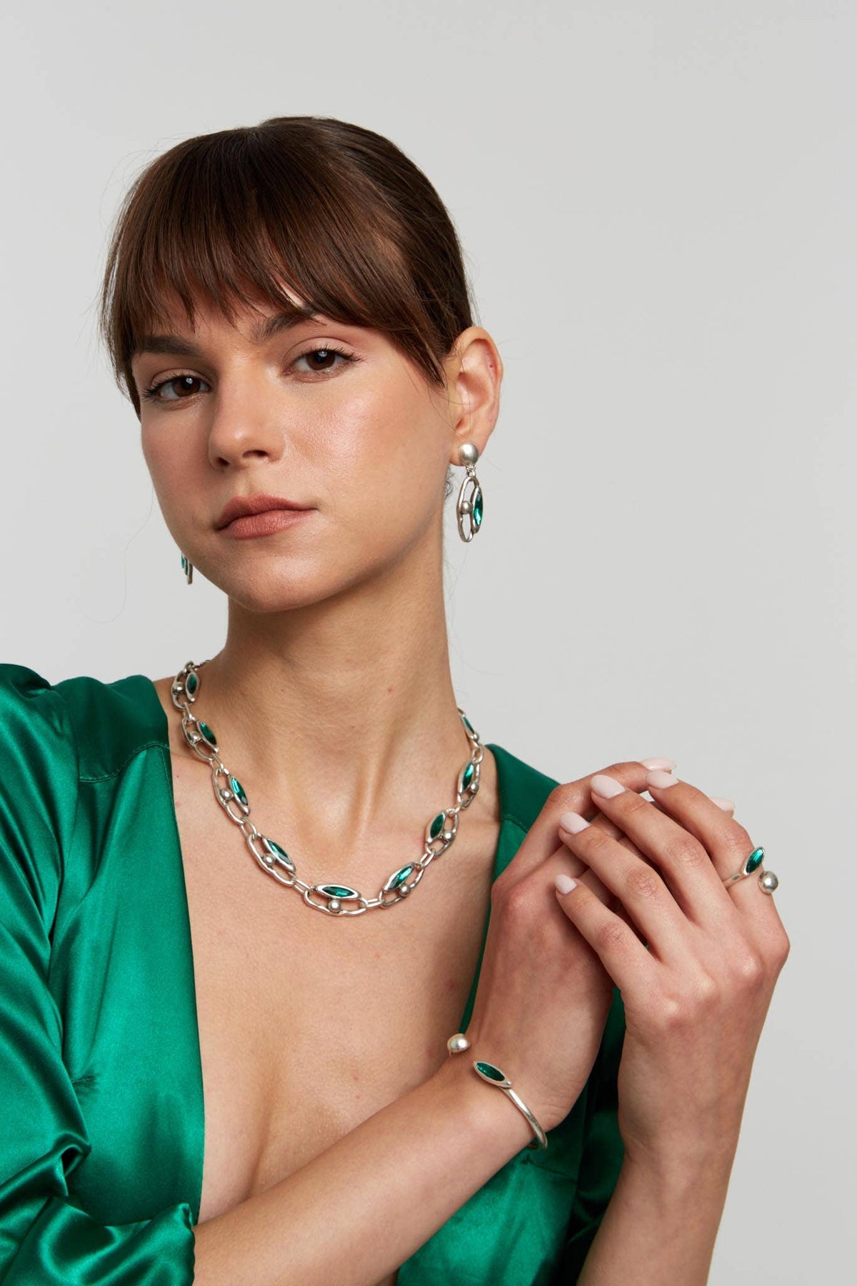 Handmade Green Crystal Pewter Earrings - 1901