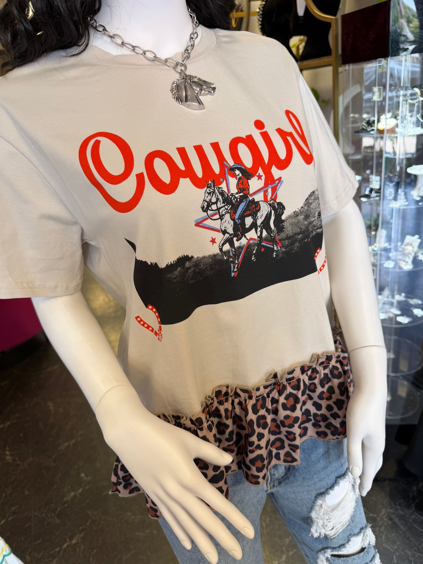Cheetah Trim Cowgirl Top Tee