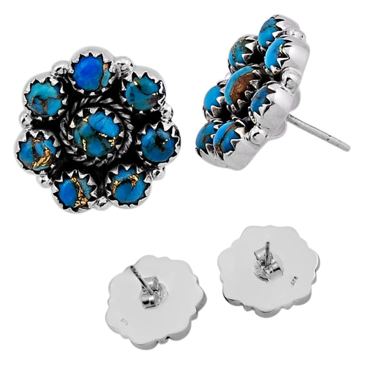 925 silver blue copper turquoise stud flower earrings