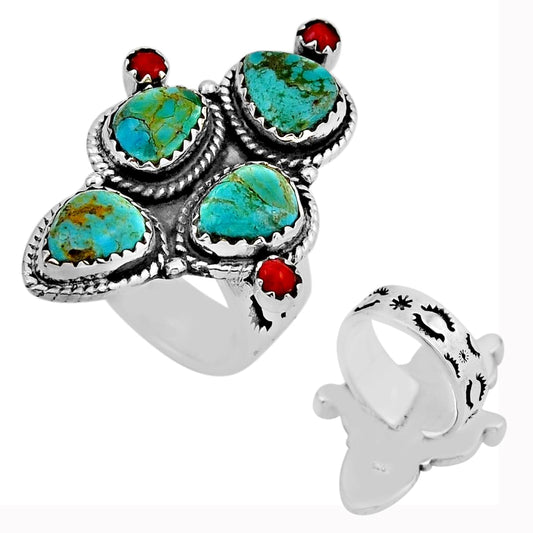 Cactus king man turquoise coral adjustable ring size 7