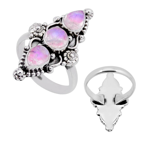 925 silver natural pink moonstone round ring size 7