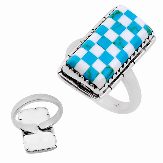 925 silver checker blue white strip opal adjustable ring size 7.5