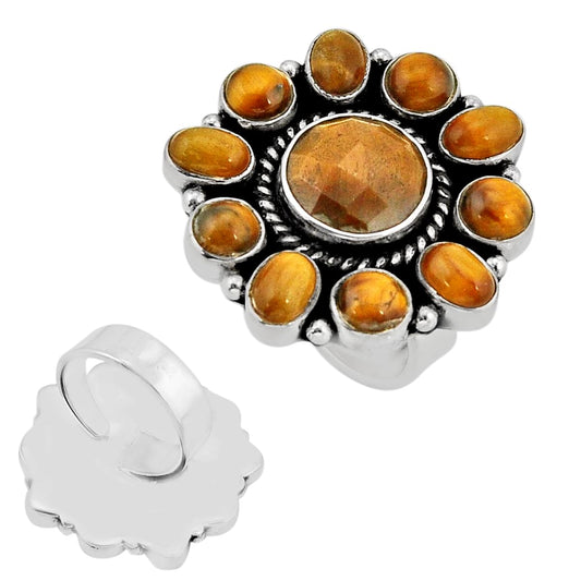 925 silver checker cut brown tiger's eye adjustable ring size 7