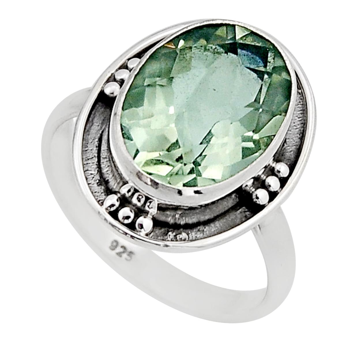 925 silver checker cut natural green amethyst oval ring size 7.5