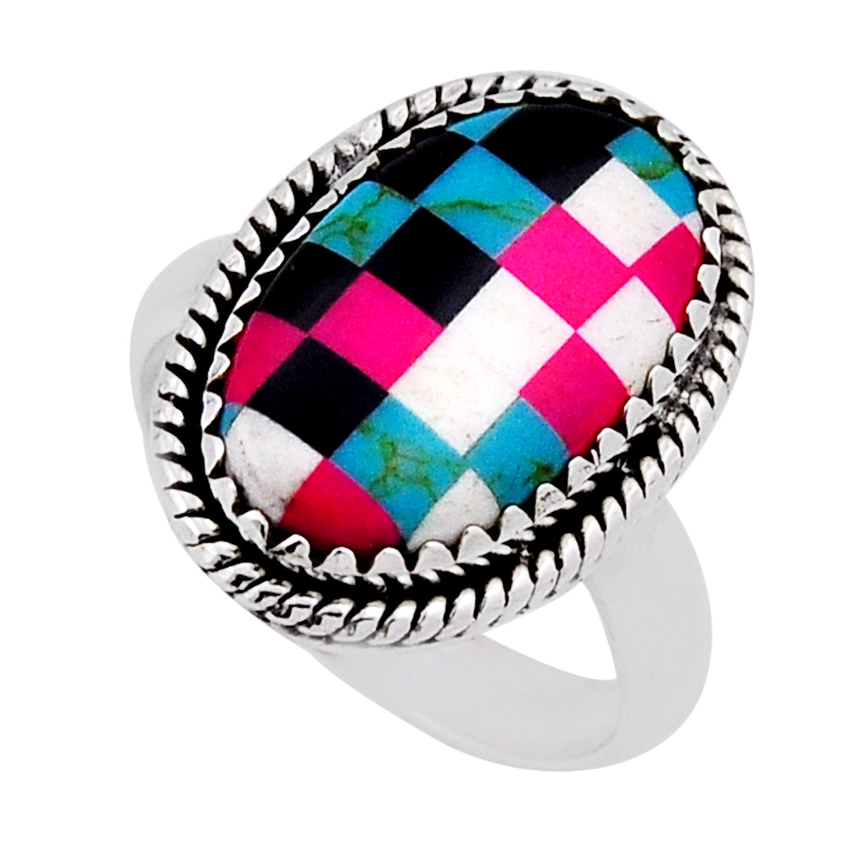 925 silver checker pink blue black white stripe opal ring size 7