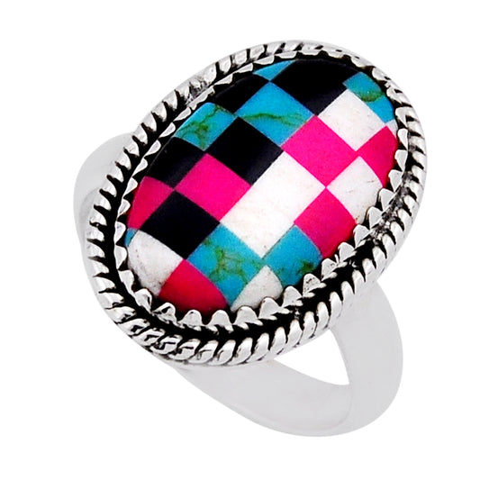 925 silver checker pink blue black white stripe opal ring size 7