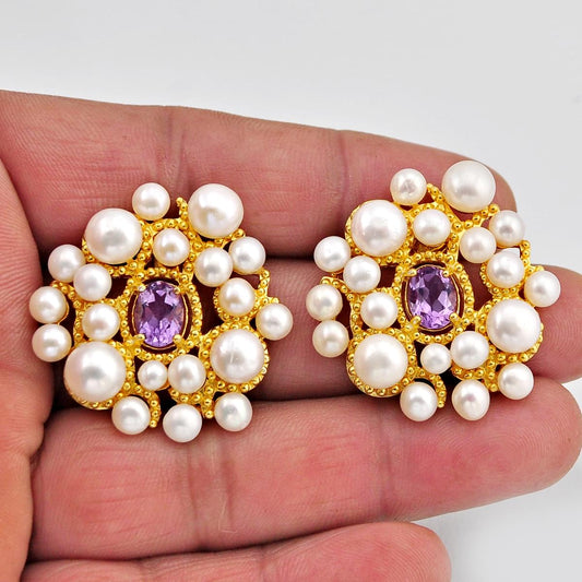 925 silver natural purple amethyst pearl round gold earrings
