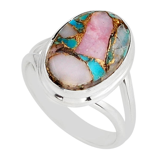 925 silver solitaire natural pink opal & turquoise ring size 8