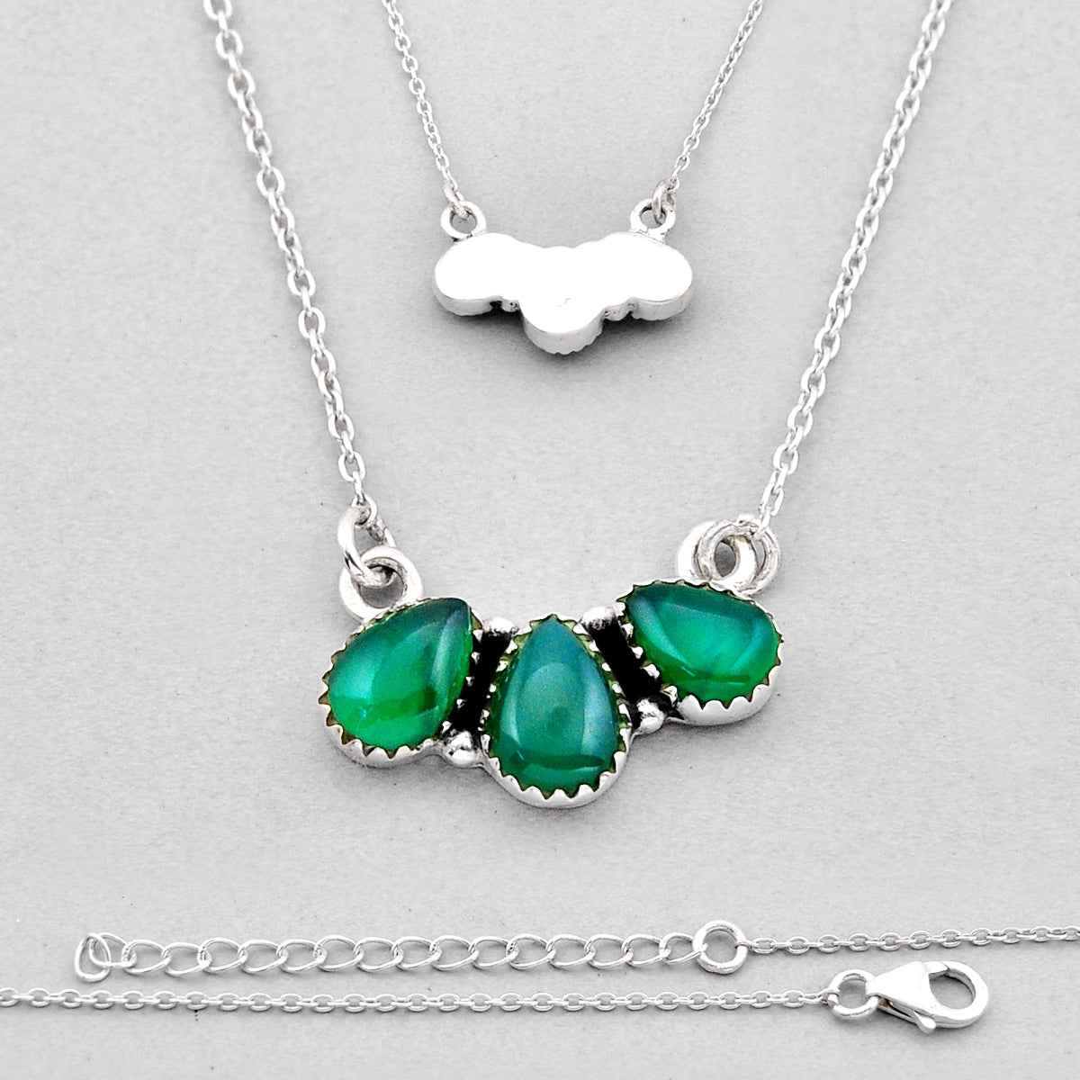 925 sterling silver natural green chalcedony necklace