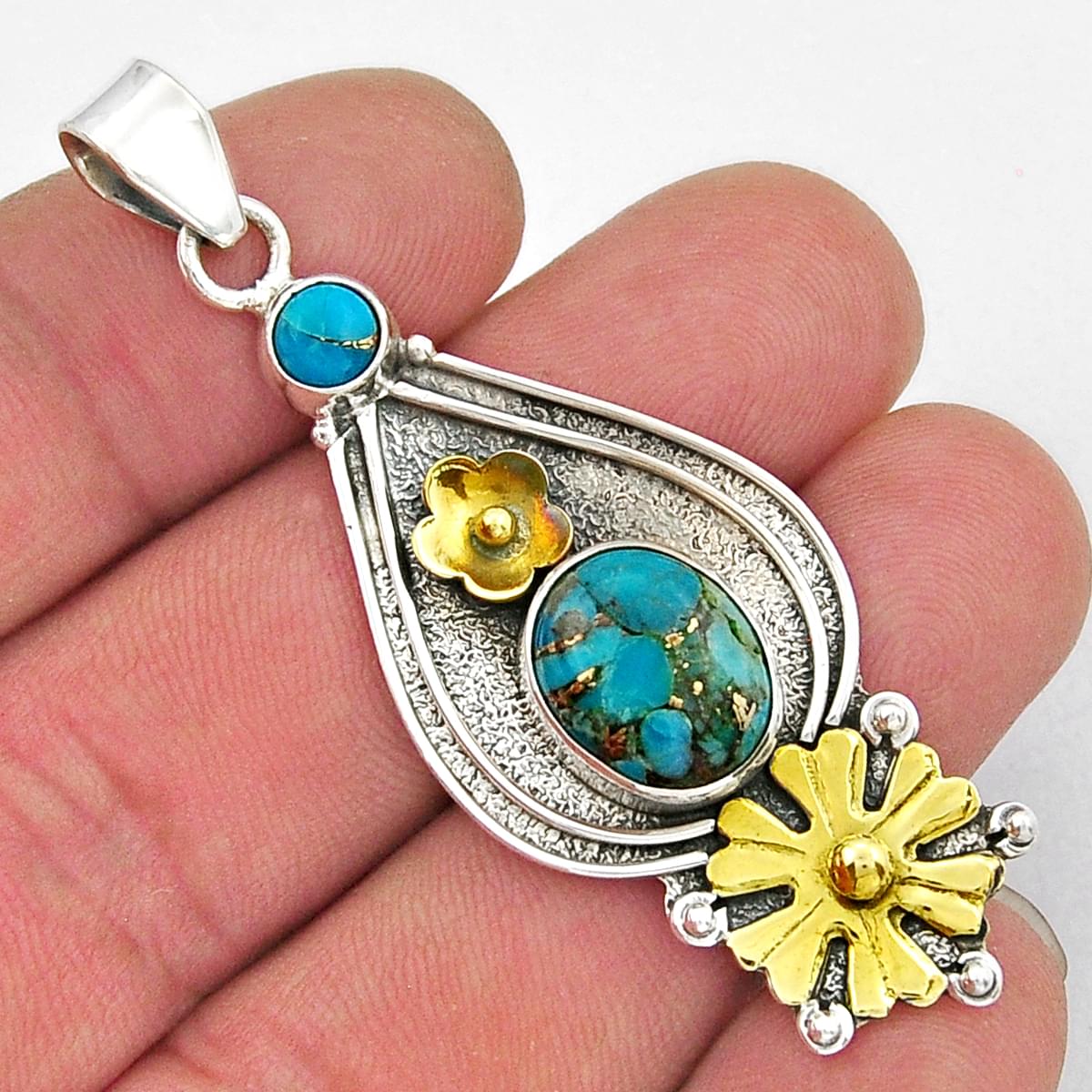 925 sterling silver blue copper turquoise gold flower pendant