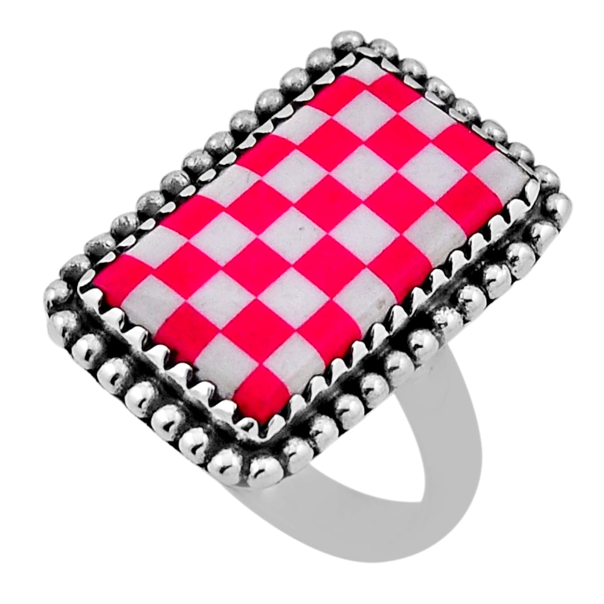 sterling silver checker pink white strip opal ring size 8